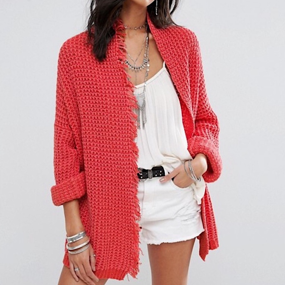 Free People I’ll Be Around Cardigan in Coral Pink Orange